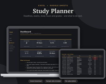 Studienplaner (Excel & Google Sheets), Aufgabenverwaltung, Notenrechner + GPA-Tracker, Prüfungs- + Lernplaner, Hochschule | Dunkelmodus