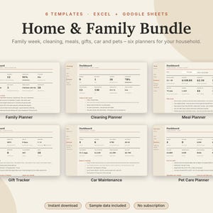 Home & Family Planner Bundle Excel + Google Sheets, Family Calendar, Cleaning Schedule, Meal Plan, Gifts, Car + Pet Care | Neutral Cream