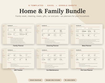 Home & Family Planner Bundle Excel + Google Sheets, Family Calendar, Cleaning Schedule, Meal Plan, Gifts, Car + Pet Care | Neutral Cream