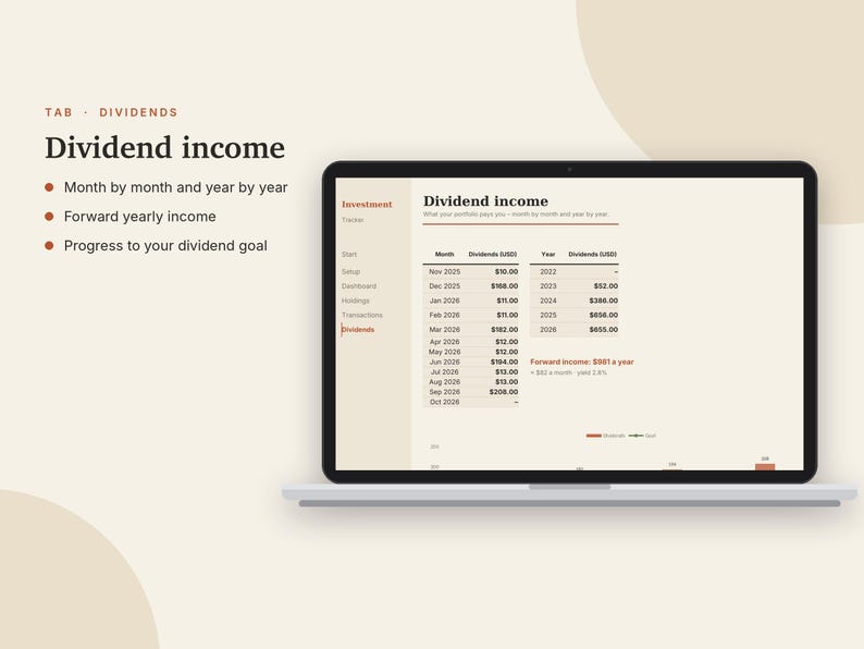 Investment Tracker Excel & Google Sheets, Dividend Tracker, Stock Portfolio Tracker, ETF + Asset Allocation, Rebalancing | Neutral Cream image 7