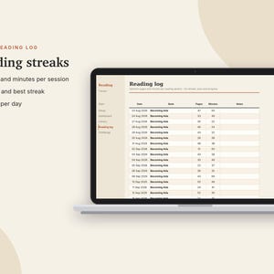 May include: A laptop screen displays a digital reading log interface with a table tracking dates, book titles, pages read, and minutes spent. The sidebar lists navigation options including Reading, Tracker, Start, Setup, Dashboard, Library, and Challenge.