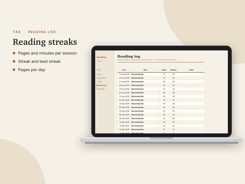 May include: A laptop screen displays a digital reading log interface with a table tracking dates, book titles, pages read, and minutes spent. The sidebar lists navigation options including Reading, Tracker, Start, Setup, Dashboard, Library, and Challenge.