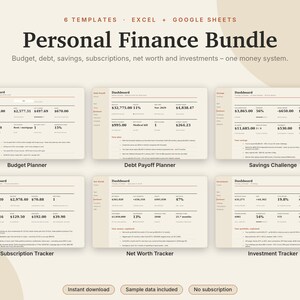 Personal Finance Spreadsheet Bundle Excel & Google Sheets, Budget Planner, Debt Payoff, Savings, Net Worth, Investments | Neutral Cream