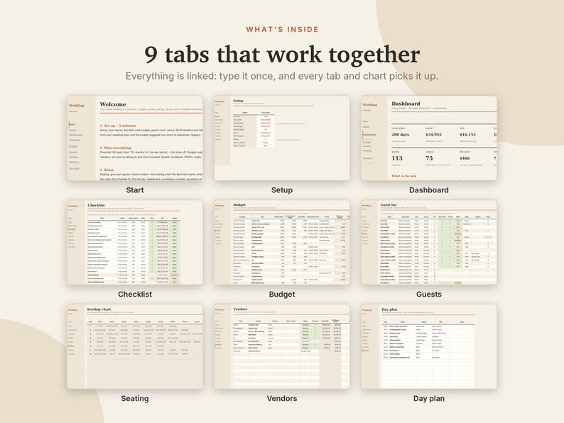 May include: A digital spreadsheet template featuring 9 interconnected tabs labeled Welcome, Setup, Dashboard, Checklist, Budget, Guests, Seating, Vendors, and Day plan. The interface uses a light beige color scheme with dark text and red accents.