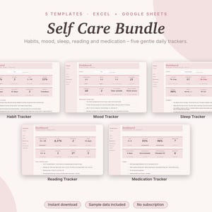 Self Care Spreadsheet Bundle Excel & Google Sheets, Habit Tracker, Mood Tracker, Sleep Log, Reading + Medication Tracker | Pink Aesthetic