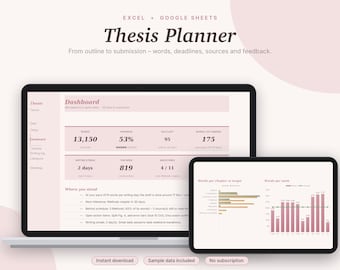 Thesis Planner Excel & Google Sheets, Dissertation Tracker, Word Count Tracker, PhD + Master Thesis Timeline, Gantt Chart | Pink Aesthetic