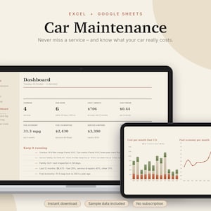 May include: A digital car maintenance tracker for Excel and Google Sheets displayed on a laptop and tablet. The dashboard shows data including fuel economy in mpg, service costs, and repair logs with charts and text detailing vehicle expenses.