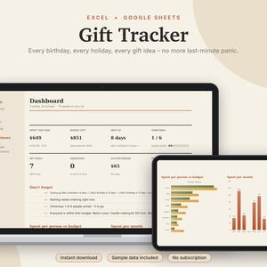 Gift Tracker Excel & Google Sheets, Christmas Gift List + Budget, Birthday Reminder, Gift Ideas Planner, Holiday Planner | Neutral Cream