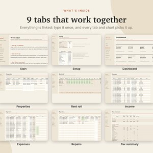 Rastreador de propiedades de alquiler en Excel y Google Sheets, hoja de cálculo para propietarios, lista de alquileres, ingresos y gastos de alquiler, resumen de impuestos / Neutral Cream imagen 4