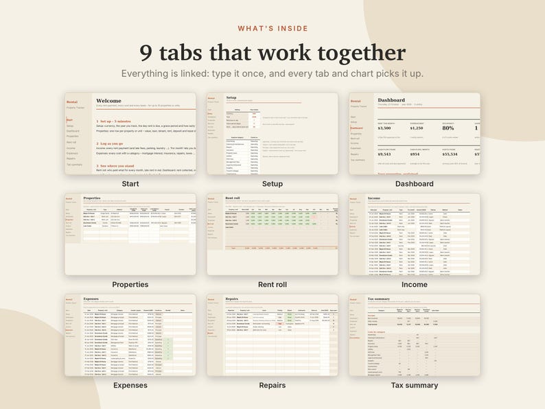 Rastreador de propiedades de alquiler en Excel y Google Sheets, hoja de cálculo para propietarios, lista de alquileres, ingresos y gastos de alquiler, resumen de impuestos / Neutral Cream imagen 4