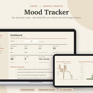 Mood Tracker Excel & Google Sheets, Year in Pixels, Mental Health Journal, Daily Mood + Anxiety Log, Self Care Tracker | Neutral Cream image 1