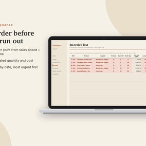 May include: A laptop screen displaying an inventory management software interface titled Reorder list. The screen shows a table with columns for SKU, Product, Supplier, On hand, Days left, Order qty, Est. cost, and Lead time for various items.