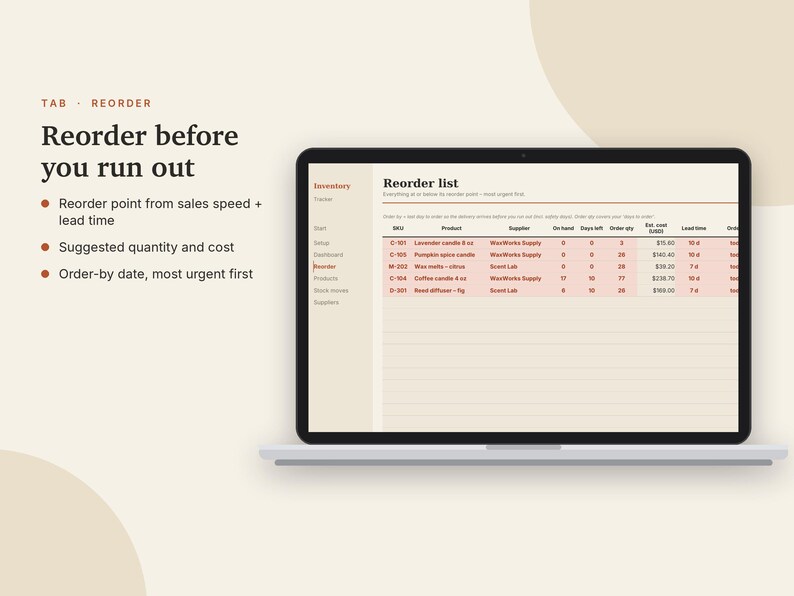 May include: A laptop screen displaying an inventory management software interface titled Reorder list. The screen shows a table with columns for SKU, Product, Supplier, On hand, Days left, Order qty, Est. cost, and Lead time for various items.