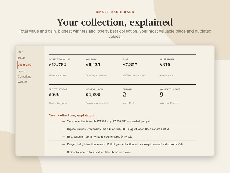 Registro di valutazione della collezione in Excel e Fogli Google, Inventario delle carte collezionabili, Monete, Dischi in vinile + Collezione di scarpe da ginnastica / Crema neutra immagine 2