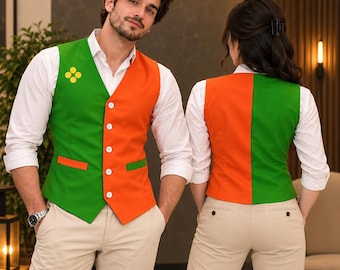May include: A color-blocked vest featuring a green right side and an orange left side, worn over a white long-sleeved button-down shirt and beige trousers. The vest has a five-button closure, two welt pockets, and a four-dot yellow floral emblem.