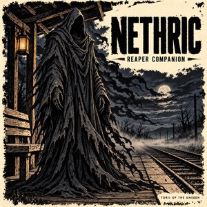 May include: A dark, hooded figure stands on a wooden platform beside train tracks under a full moon. The text reads NETHRIC REAPER COMPANION and TORII OF THE UNSEEN. The scene features a lantern, a bench, and a misty, nocturnal landscape.