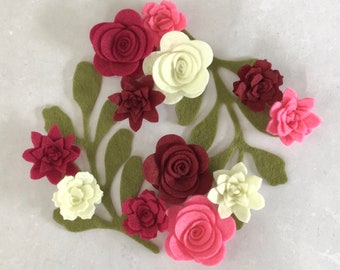 Pink Felt Flower Kit, Felt 3D flowers, Roll up felt flowers, Die cut felt flowers