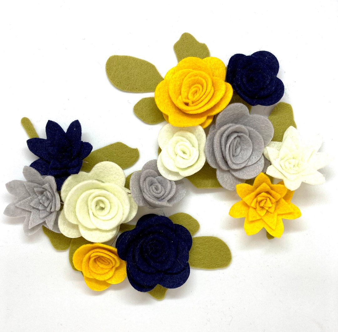 Navy, Yellow & Grey Felt Flower Kit, Felt 3D Roll up Flowers, Die Cut