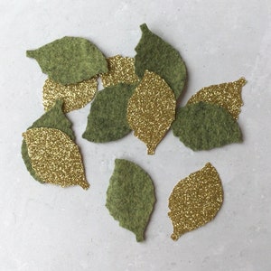 Folhas de rosa de feltro douradas e verdes, folhas de feltro cortadas