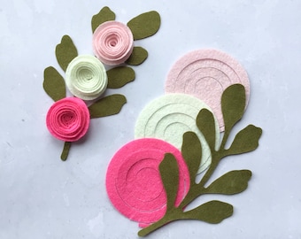 Pink Felt Ranunculus Flowers, Felt Die Cut Flowers