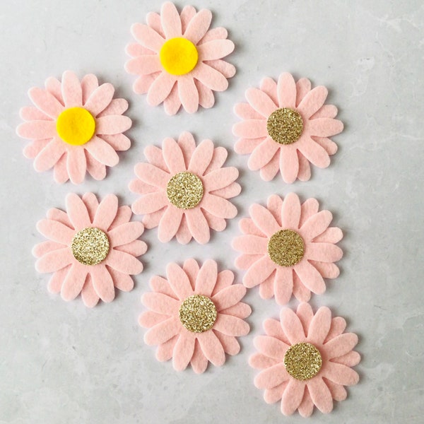 Pink Daisy Flowers, LARGE, Die Cut Felt Daisies, Champagne Glitter Centres