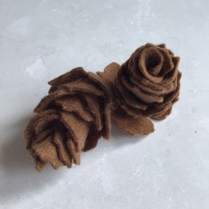 May include: Two brown felt pinecones, one with a more traditional shape and the other with a more rounded, rose-like shape.
