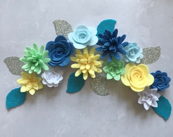 Seaside Blue, Yellow & Silver Felt Flower Kit, Felt 3D flowers, Roll up felt flowers, Die cut felt flowers