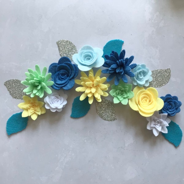 Seaside Blue, Yellow & Silver Felt Flower Kit, Felt 3D flowers, Roll up felt flowers, Die cut felt flowers