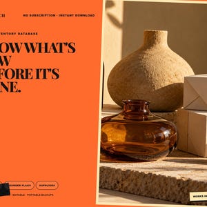 May include: A digital product advertisement with a bright orange background featuring the text 'TALLYHATCH', 'MAKER INVENTORY DATABASE', and 'KNOW WHAT'S LOW BEFORE IT'S GONE.' Next to it, a textured beige vase, a brown glass vase, and white boxes.
