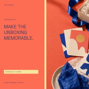 May include: A package note kit featuring 10 editable 4 x 6 cards with abstract designs in blue, cream, and gold. The set includes a white gift box with blue ribbon, crinkled tissue paper, and cards displaying the text TALLYHATCH.