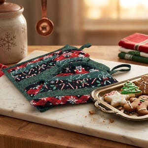 Handgefertigtes, gestepptes Topflappen- und Handschuhset zu Weihnachten