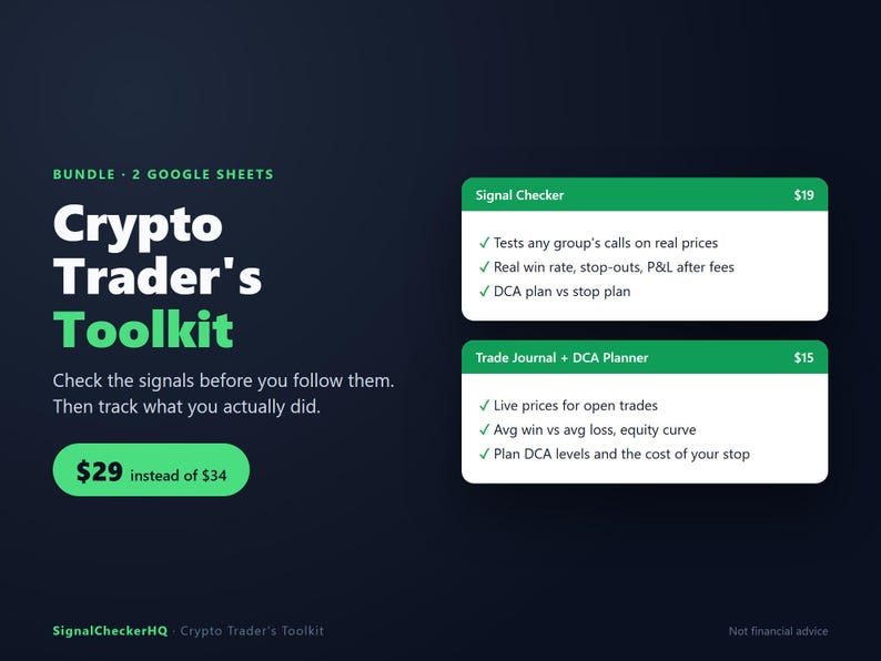 May include: A digital bundle of two Google Sheets titled Crypto Trader's Toolkit. The interface features a dark background with white text and green accents, listing features for a Signal Checker and a Trade Journal plus DCA Planner.