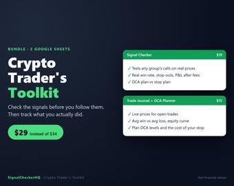 Crypto Trading Spreadsheet Bundle, Signal Checker + Trade Journal + DCA Planner, Google Sheets Templates, Win Rate and P&L Tracker