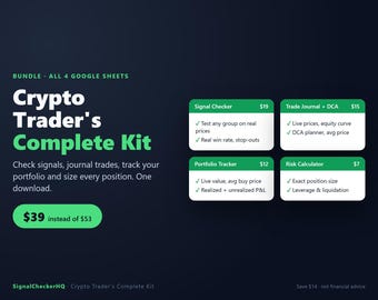 Crypto Trading Spreadsheet Bundle, Signal Checker, Trade Journal, Portfolio Tracker & Risk Calculator, 4 Google Sheets Templates