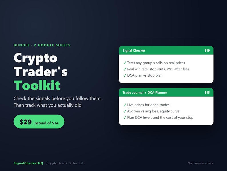 Pu&ograve; includere: Un pacchetto digitale di due fogli Google Sheets intitolato Crypto Trader's Toolkit. L'interfaccia presenta uno sfondo scuro con testo bianco e accenti verdi, elencando le funzionalit&agrave; di un Signal Checker e di un Trade Journal plus DCA Planner.