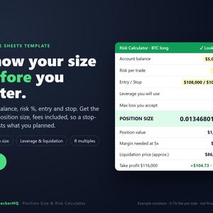 Position Size Calculator Google Sheets Template, Crypto Risk Management Spreadsheet, Leverage & Liquidation, R Multiple, Trading Calculator