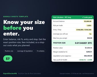 Position Size Calculator Google Sheets Template, Crypto Risk Management Spreadsheet, Leverage & Liquidation, R Multiple, Trading Calculator
