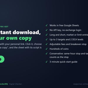 May include: A dark blue digital product information graphic titled What You Get, Instant download, your own copy. It lists features including Google Sheets compatibility, no API key required, long and short entries, and a 3-minute quick-start guide.