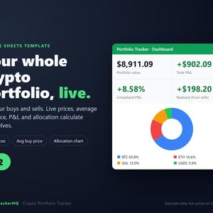 Crypto Portfolio Tracker Google Sheets Template with Live Prices, Bitcoin Tracker Spreadsheet, Average Cost, P&L, Allocation Dashboard