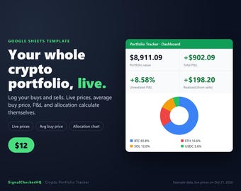 Crypto Portfolio Tracker Google Sheets Template with Live Prices, Bitcoin Tracker Spreadsheet, Average Cost, P&L, Allocation Dashboard