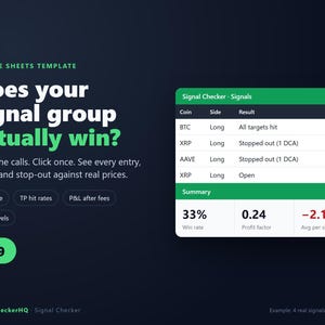 May include: A Google Sheets template for a signal checker featuring a dark background with green text. The interface displays a table with cryptocurrency trading data, including coin names, side, results, and P&L percentages, plus a summary box.