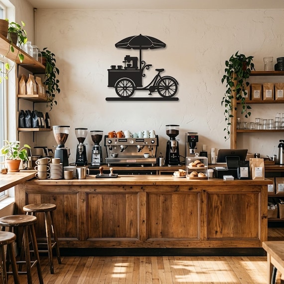 Coffee Bicycle Cart laser cut metal wall art hanging on a wall