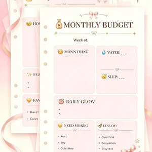 May include: A5 planner inserts featuring a Monthly Budget template with pink accents, gold text, and bow illustrations. The page includes sections for Money Mindset, Water, Sleep, Daily Glow, Need Morning, and Less Of, with printed text labels.