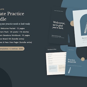 May include: A digital template bundle for private practices featuring a client welcome packet, Instagram pack, workbook, brand kit, and services one-pager. The documents use a blue, cream, and dark grey colour palette with arch graphics.