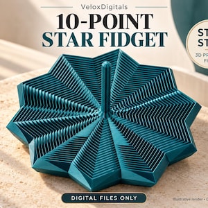 May include: A teal 10-point star fidget toy with a central vertical spindle. The text reads VeloxDigitals, 10-POINT STAR FIDGET, STL + STEP 3D PRINTING FILES, and DIGITAL FILES ONLY. This is a digital product for 3D printing.