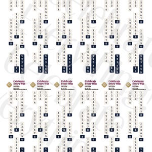 May include: A sheet of twelve identical habit tracker labels featuring the text Celebrate Every Win, Lori Lovell, and a website address. Each label contains multiple vertical columns of numbers, with some numbers highlighted in dark blue boxes.