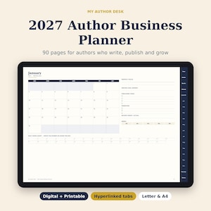Op de afbeelding: Een digitale 2027 Author Business Planner met 90 pagina's. De interface toont een januari-kalender, maandelijkse focus, schrijfdoelen, publicatietaken, marketing en inkomstenregistratie met hyperlinks in de tabbladen.