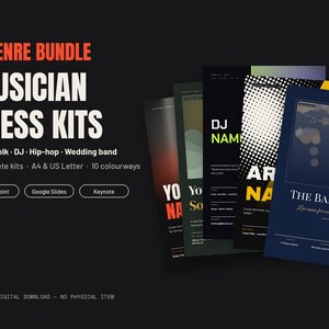 Musician Press Kit Bundle, 5 EPK Templates for Bands DJs Rappers Folk & Wedding Bands, Editable PowerPoint Google Slides, One Sheets