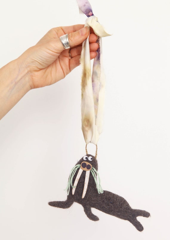 Wilfred The Walrus/ A handcrafted, needle-felted character, hung on a plant-dyed, bamboo silk ribbon / Gift/ Decoration