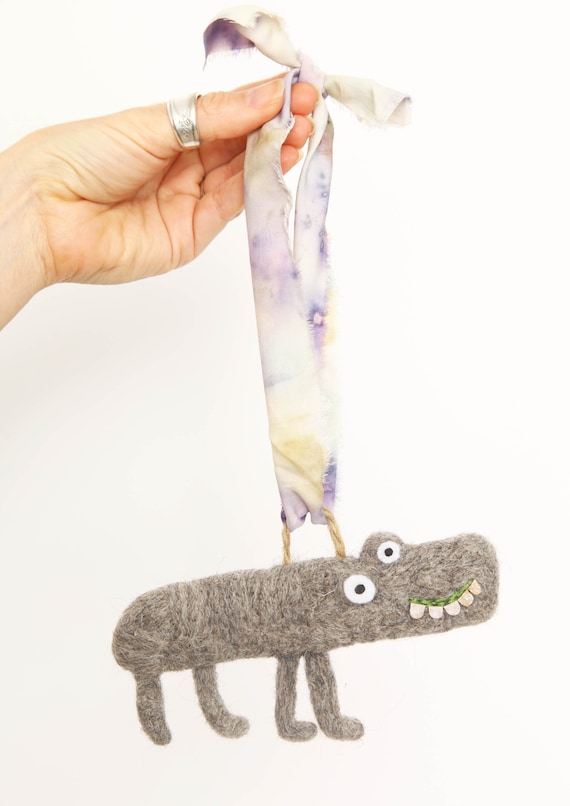 Henry the Hippo. A hand crafted, needle felted character, hung on a plant-dyed, bamboo silk ribbon / Gift/ Decoration